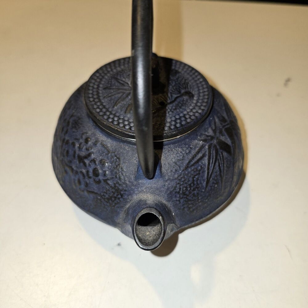 Japanese Tetsubin Cast Iron Teapot Floral Black